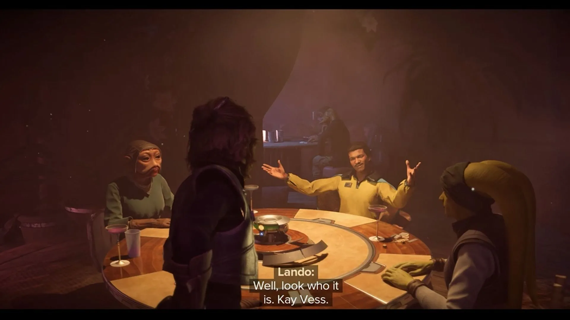 Cảnh nhân vật Kay Vess tham gia ván bài Sabacc căng thẳng với Lando Calrissian trong game Star Wars Outlaws