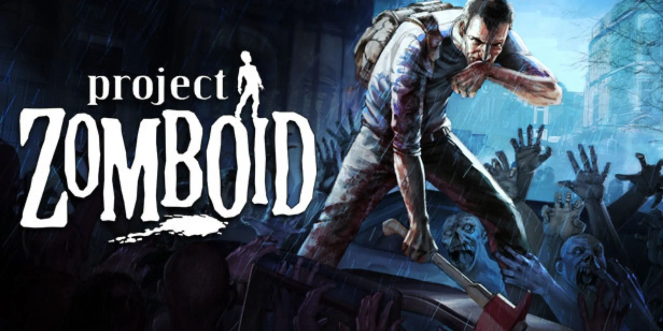 Cảnh quay cận cảnh nhân vật trong Project Zomboid đang đối mặt với zombie.