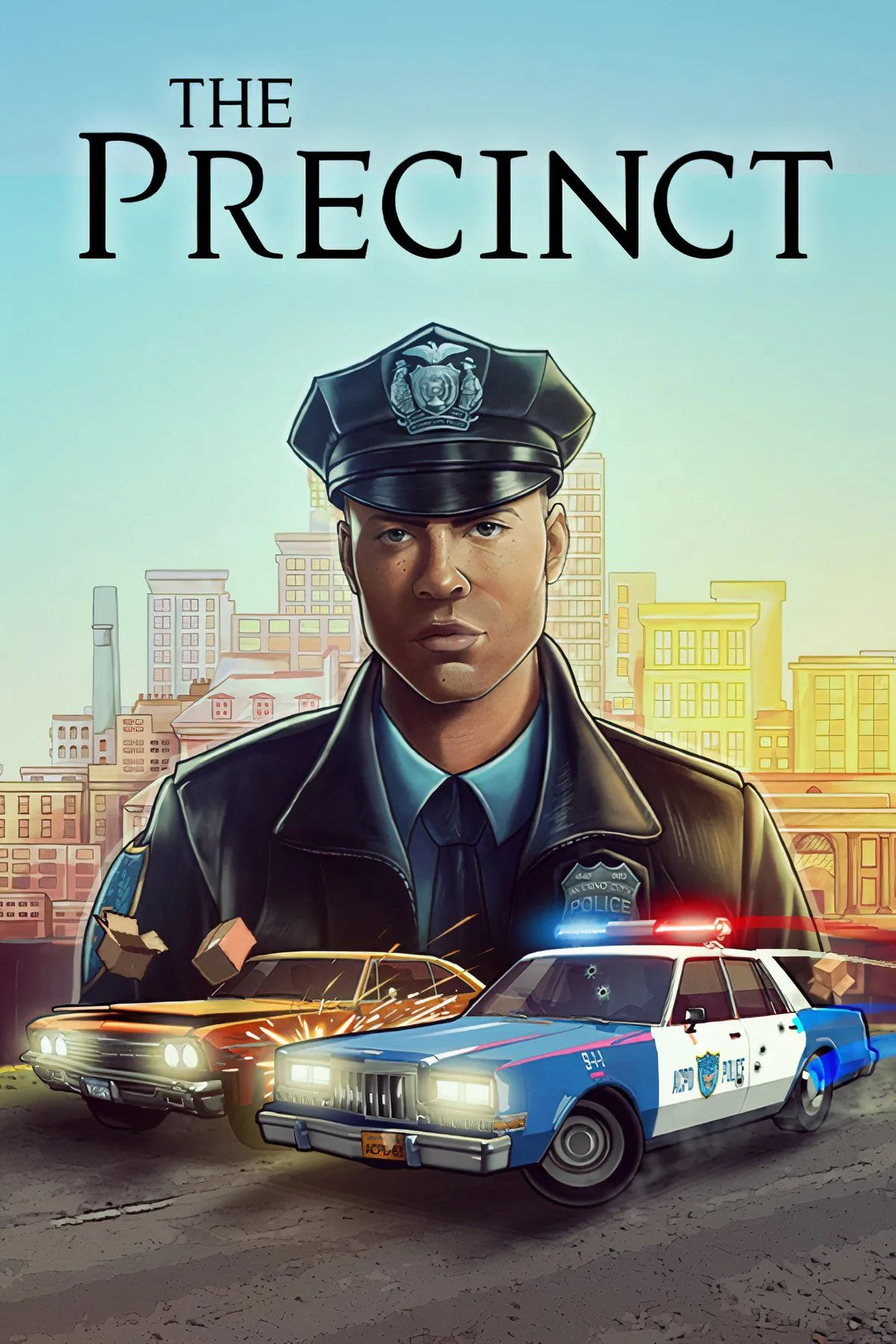 Cảnh rượt đuổi bằng ô tô trong game The Precinct với đồ họa kiểu thập niên 80
