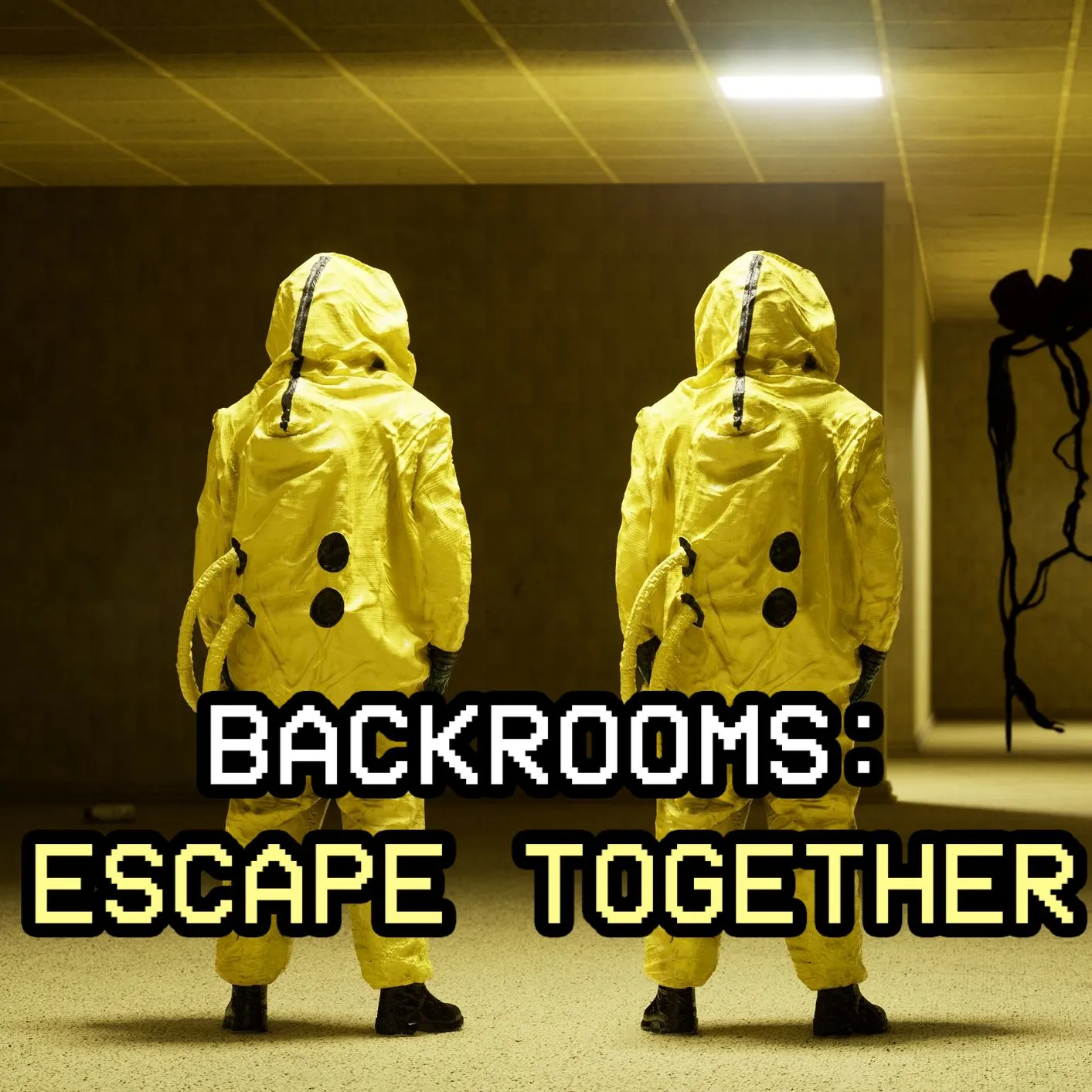 Cảnh trong game Backrooms: Escape Together, một không gian văn phòng rộng lớn, ánh đèn lập lòe, tạo cảm giác bị mắc kẹt và đáng sợ.