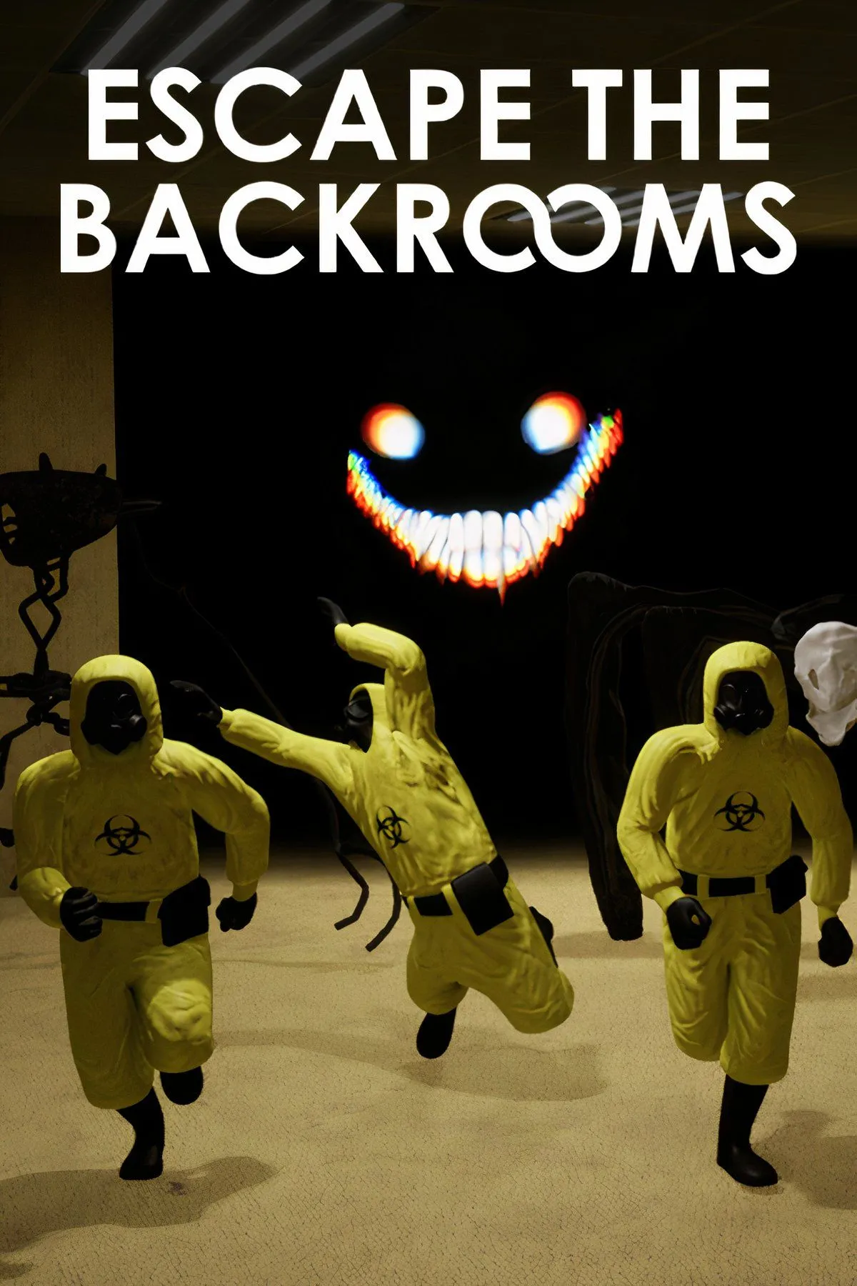 Cảnh trong game Escape the Backrooms, cho thấy một hành lang dài, trống rỗng và ánh sáng lập lòe, tạo cảm giác rùng rợn.