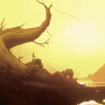 Cảnh trong game indie Bionic Bay với nhân vật đứng trên rễ cây khổng lồ dưới ánh hoàng hôn đẹp mắt