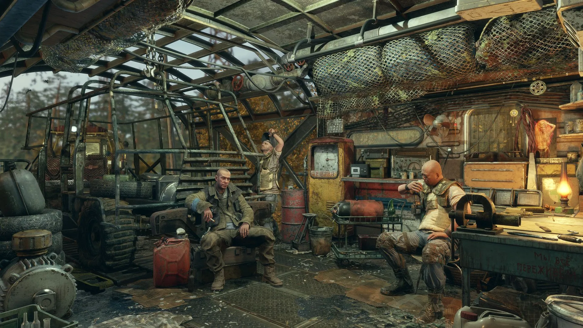 Cảnh trong game Metro Exodus với các đồng minh trên tàu