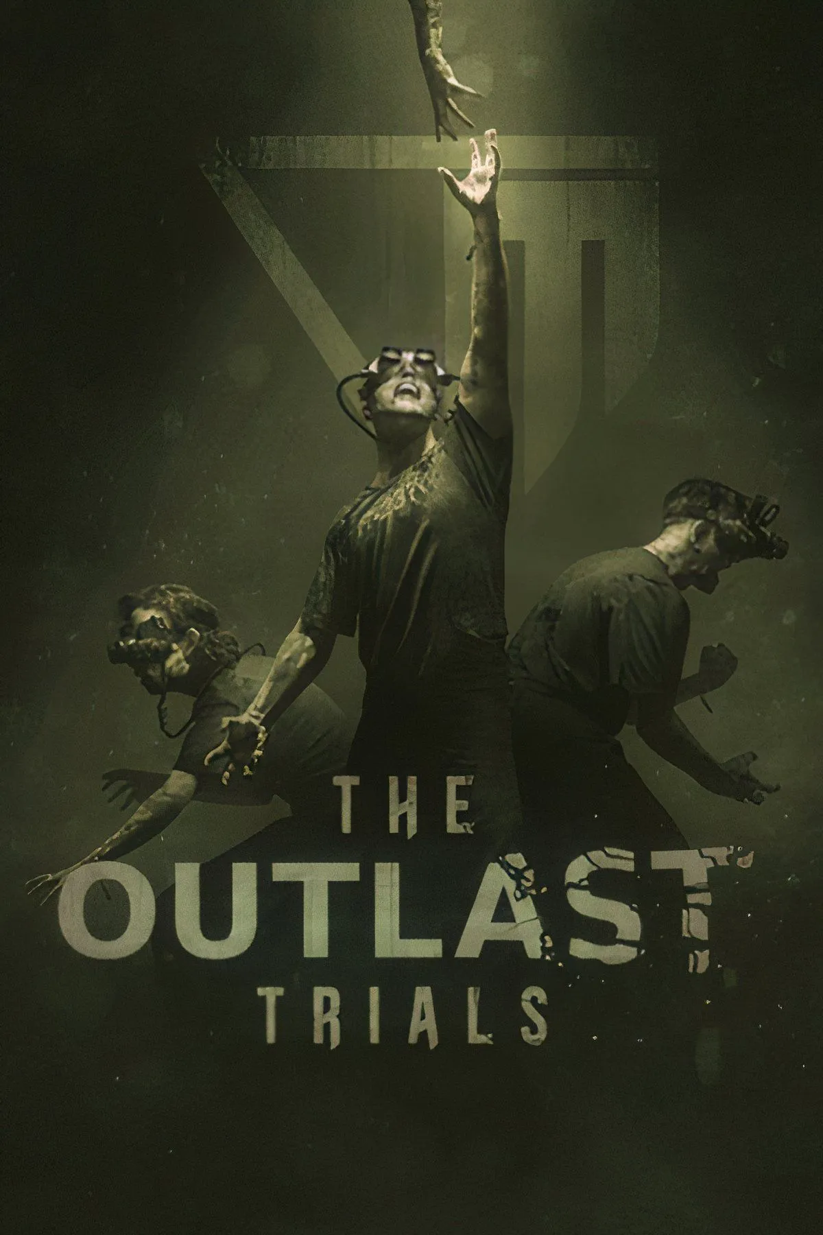 Cảnh trong game The Outlast Trials, một người chơi đang chạy trốn khỏi kẻ thù đáng sợ trong một không gian u tối, bị ánh đèn pin chiếu sáng.