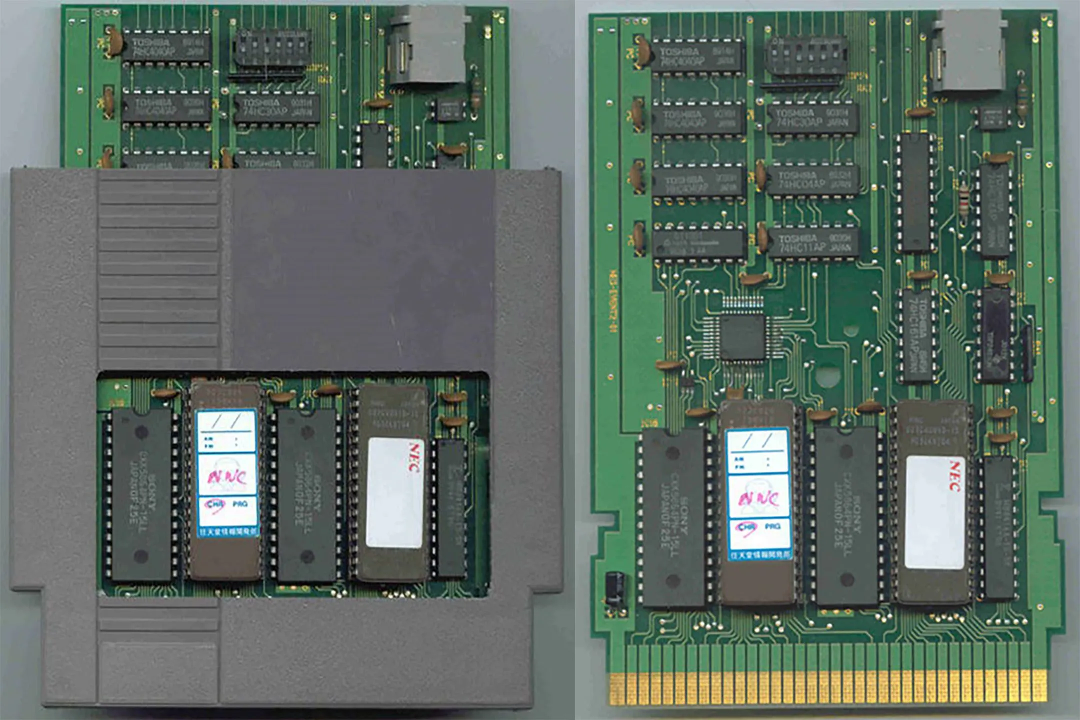 Cartridge và bo mạch PCB của Nintendo Campus Challenge 1991, một trong những cartridge game hiếm nhất với phần cứng lộ ra bên ngoài.