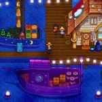 Cầu cảng Stardew Valley dưới ánh trăng huyền ảo biểu tượng cho sự thư giãn và khám phá không ngừng nghỉ
