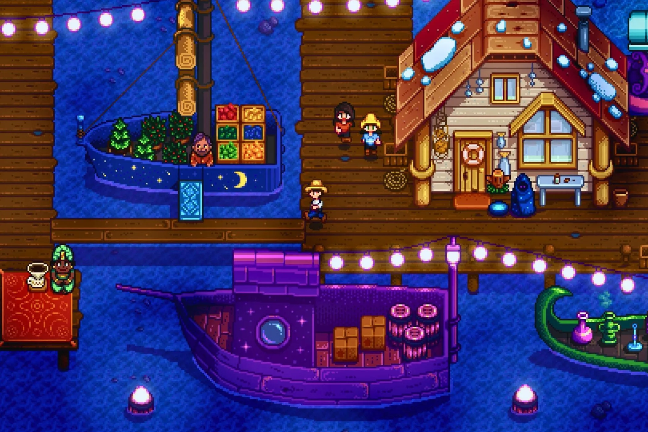 Cầu cảng Stardew Valley dưới ánh trăng huyền ảo biểu tượng cho sự thư giãn và khám phá không ngừng nghỉ