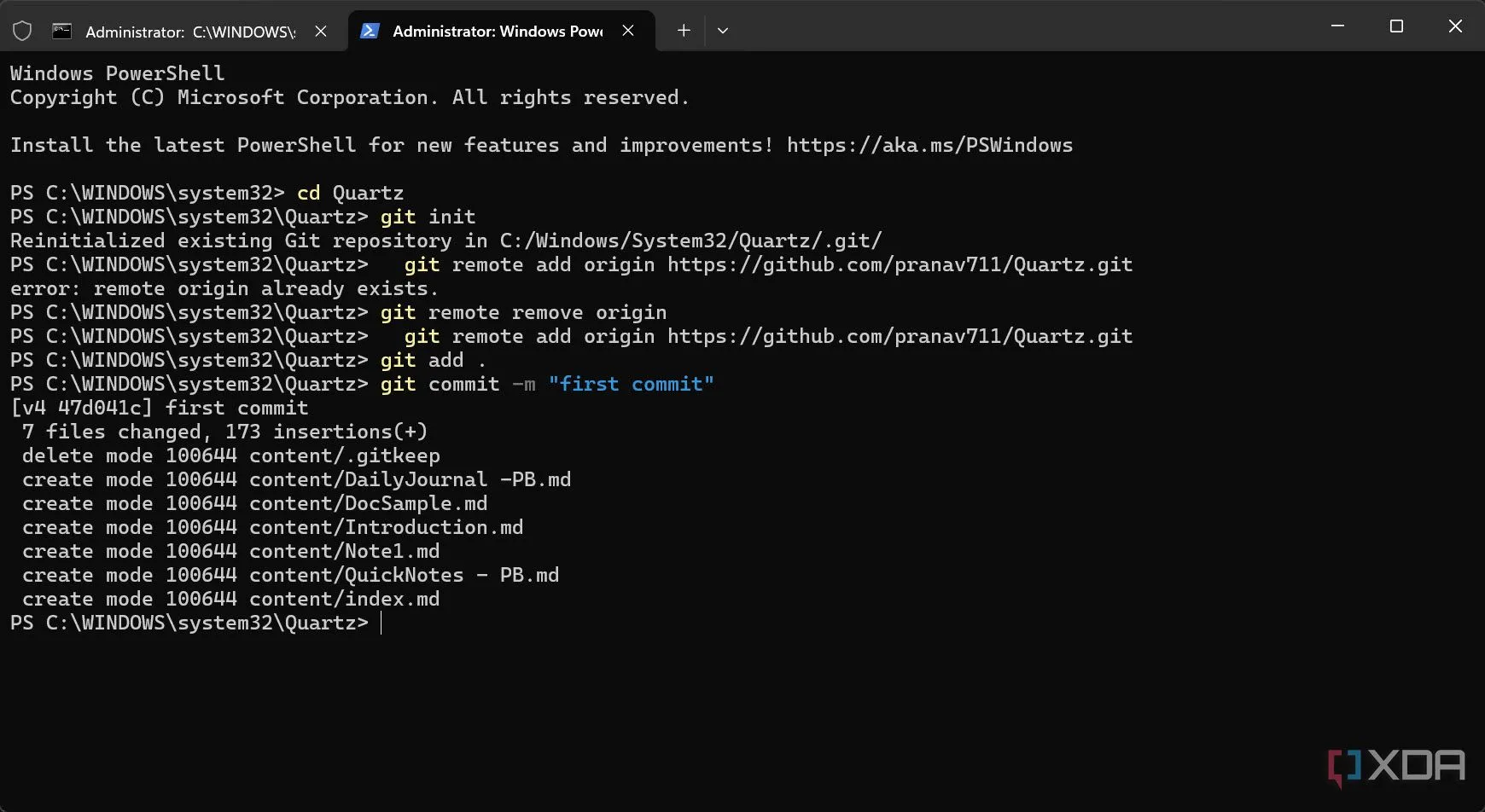 Cấu hình repository GitHub với các lệnh git init và git remote add để chuẩn bị triển khai Quartz