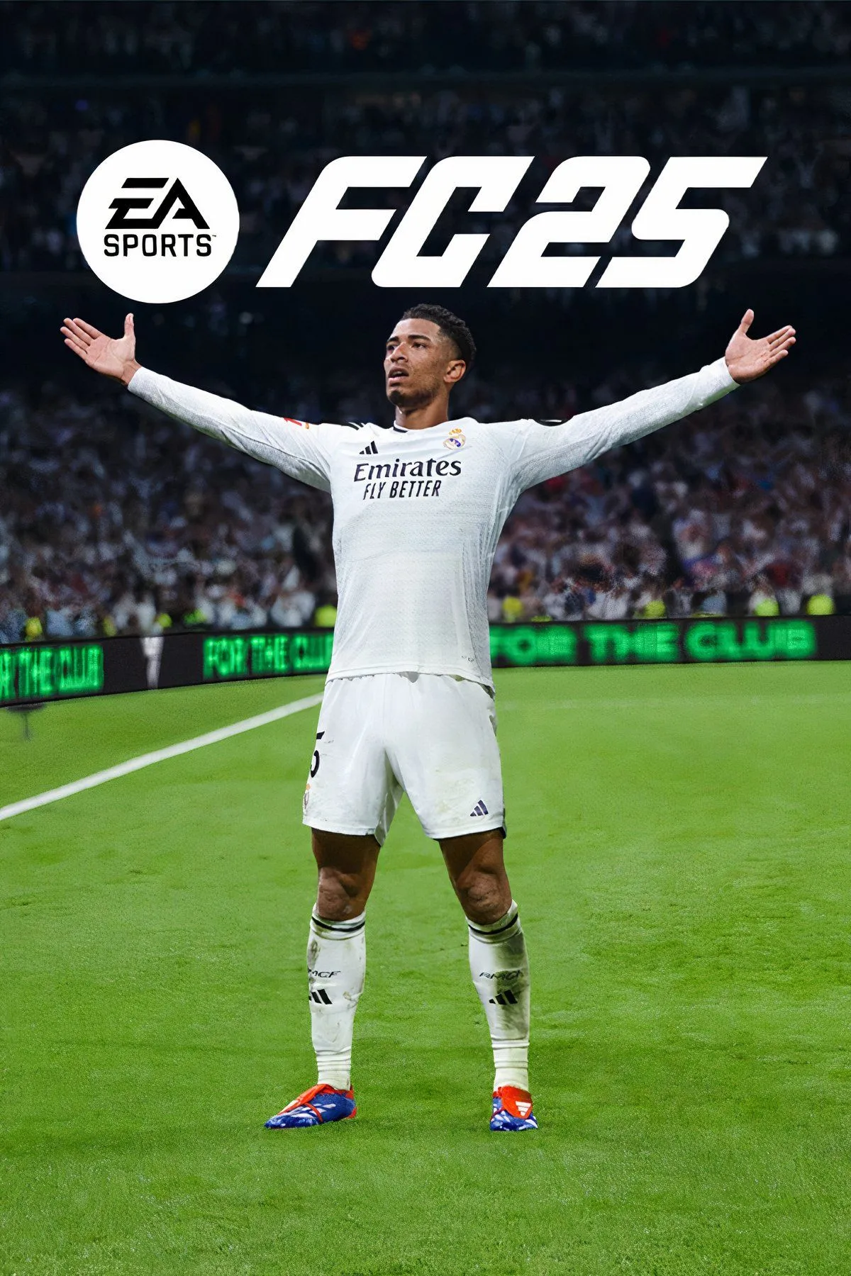 Cầu thủ bóng đá đang ăn mừng bàn thắng trong EA Sports FC 25 với logo game nổi bật