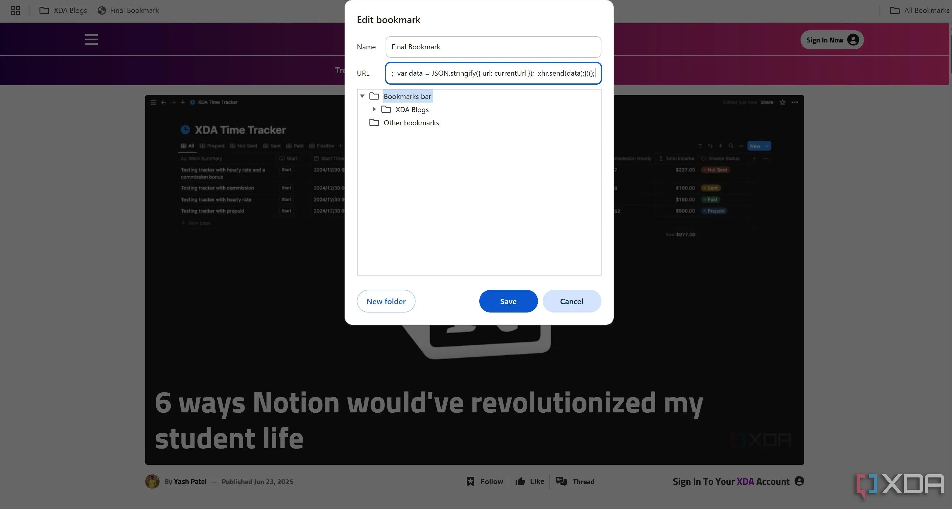 Chèn mã JavaScript vào bookmarklet trình duyệt Chrome để tự động lưu liên kết vào Notion