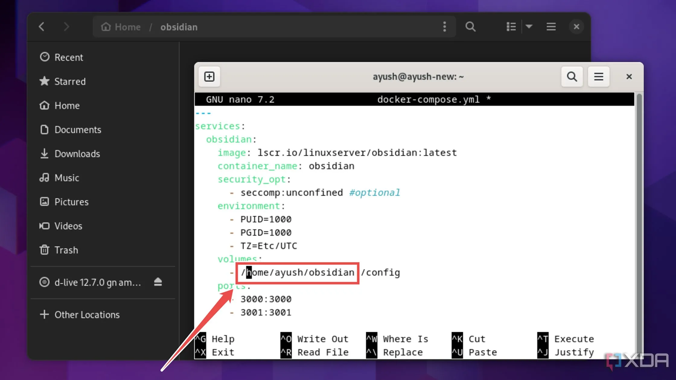 Chỉnh sửa đường dẫn lưu trữ dữ liệu Obsidian trong docker-compose.yml