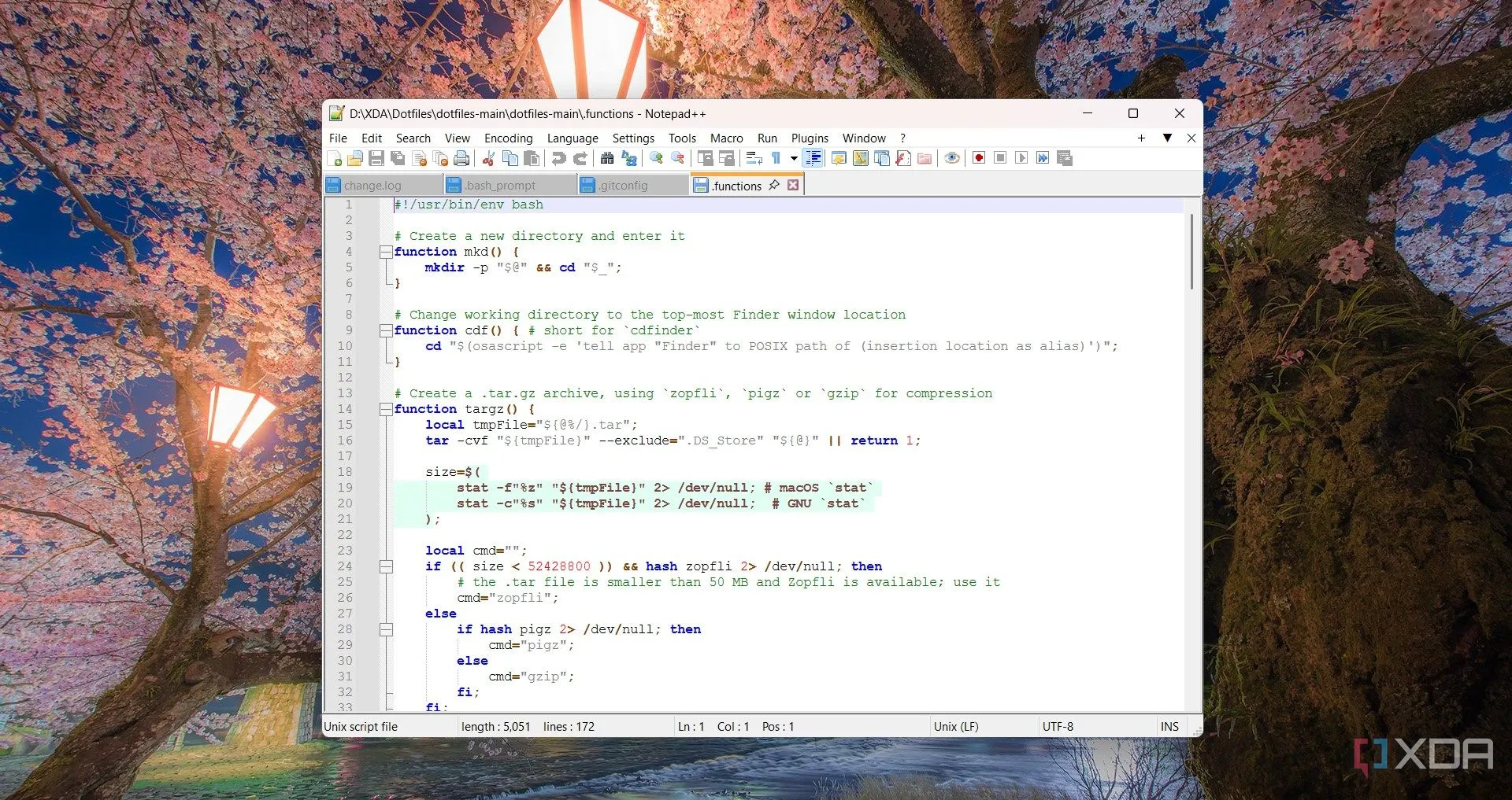 Chỉnh sửa tệp cấu hình .functions bằng Notepad++ minh họa khả năng soạn thảo code chuyên nghiệp