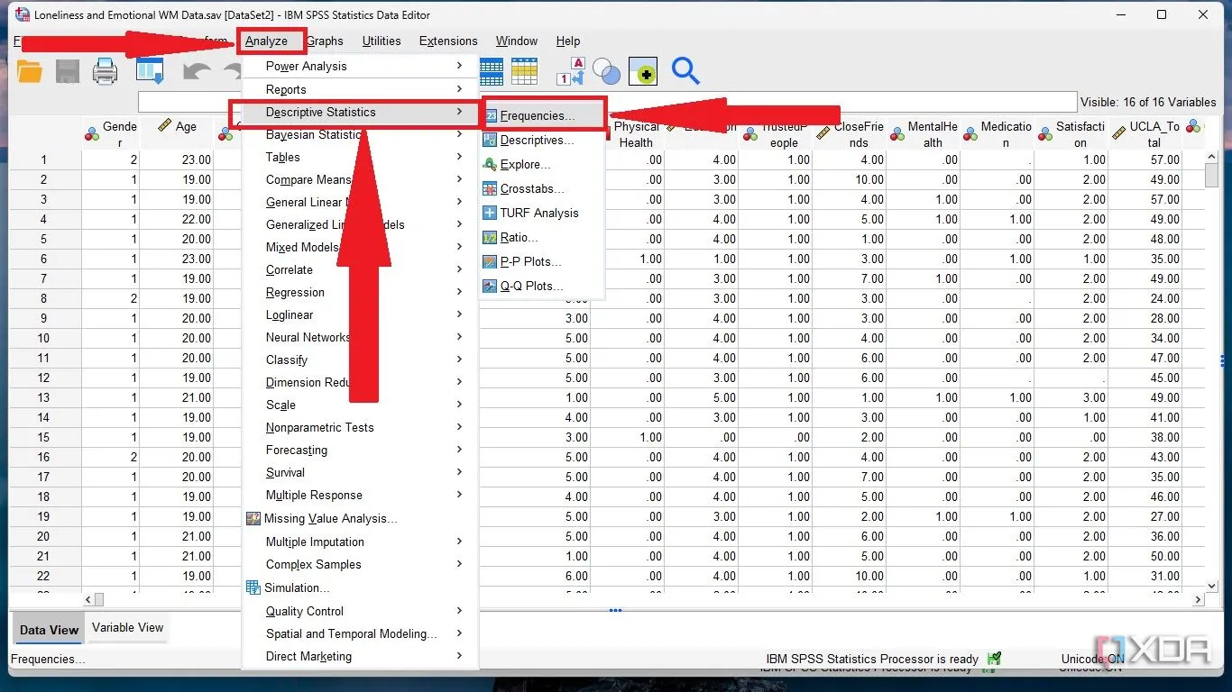 Chọn Analyze, sau đó Descriptive Statistics để bắt đầu phân tích thống kê mô tả trong SPSS.