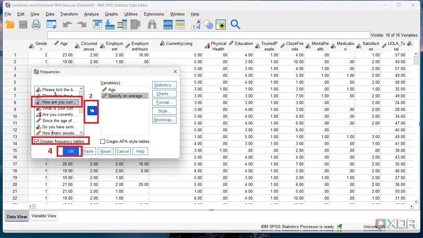 Chọn biến và chuyển vào mục Variables để tạo bảng tần số cho dữ liệu khảo sát trong SPSS.