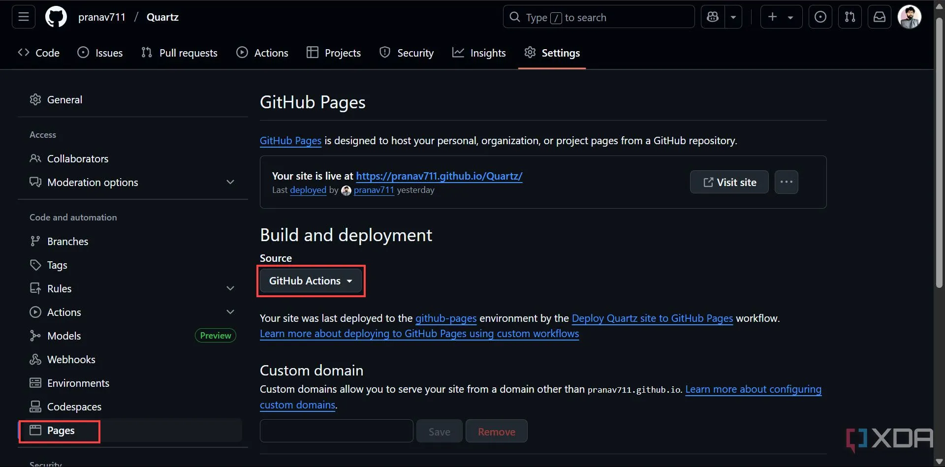 Chọn GitHub Actions làm nguồn triển khai trong cài đặt GitHub Pages cho website Obsidian Quartz