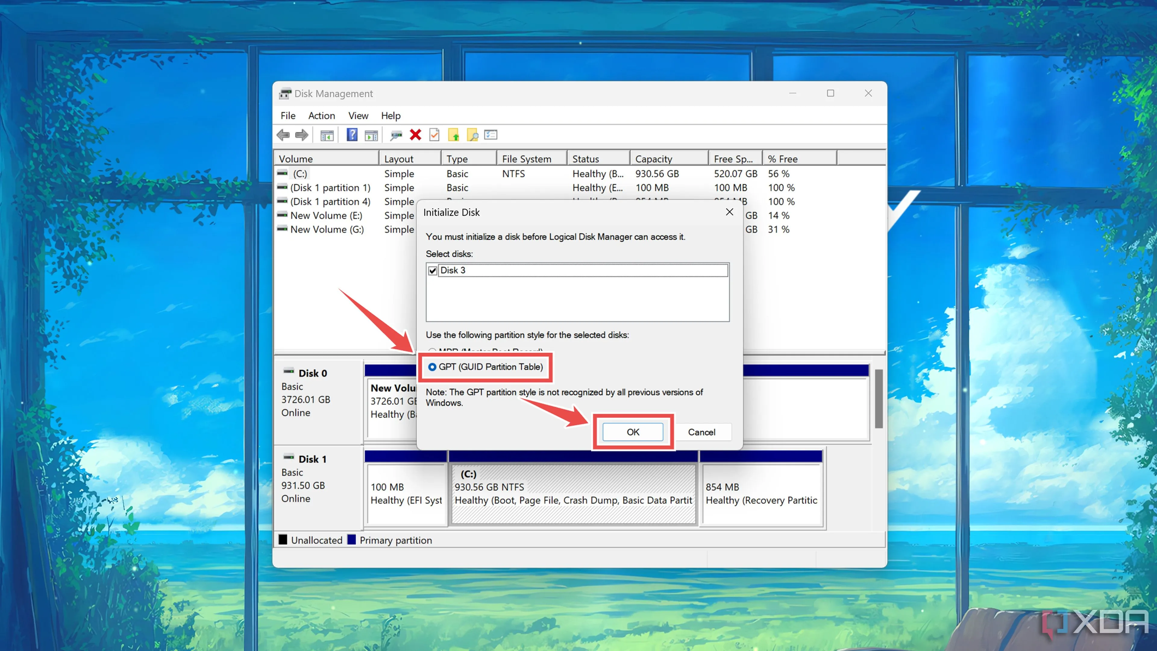 Chọn GPT khi cửa sổ Initialize Disk xuất hiện trong Disk Management