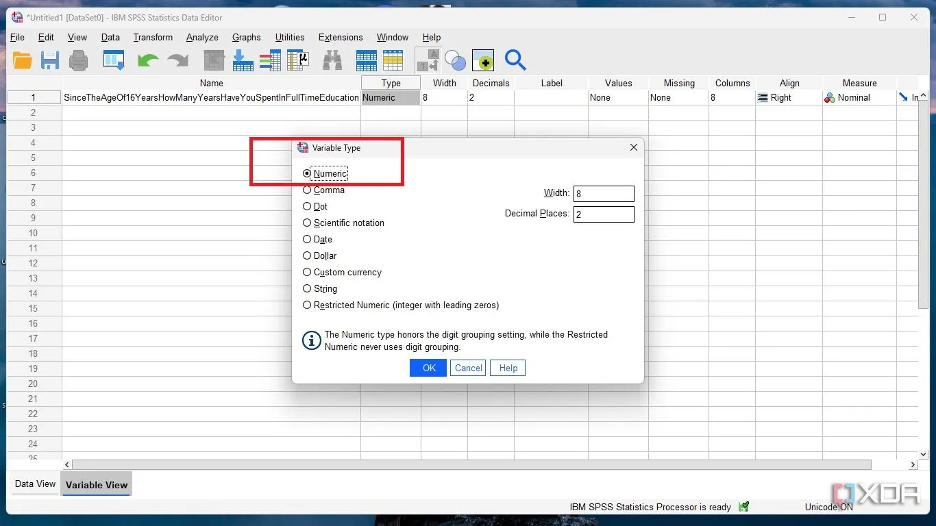 Chọn kiểu dữ liệu Numeric (số) cho biến trong SPSS, phù hợp với câu trả lời dạng số.