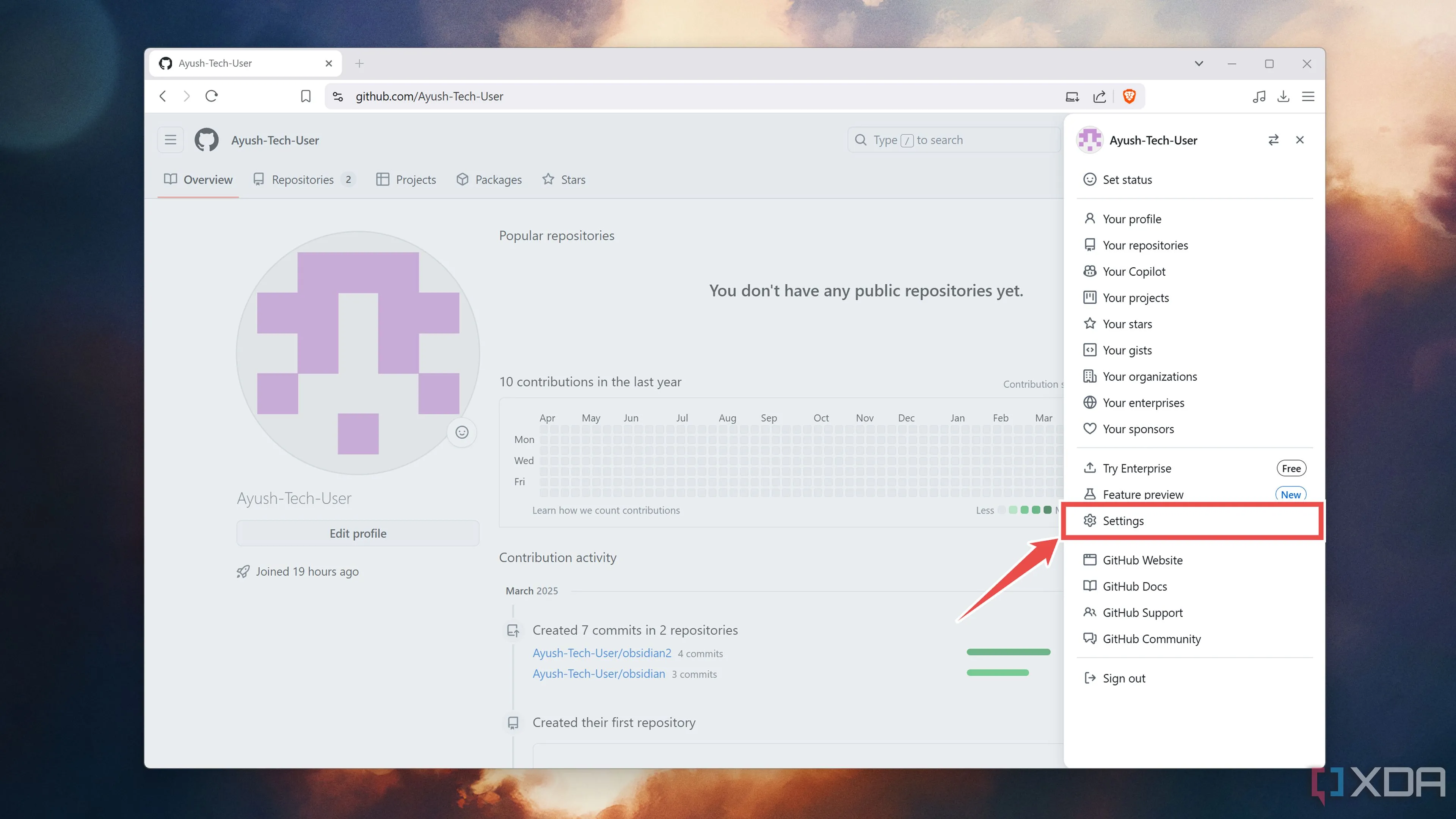 Chọn mục Settings trong tài khoản GitHub để tạo token