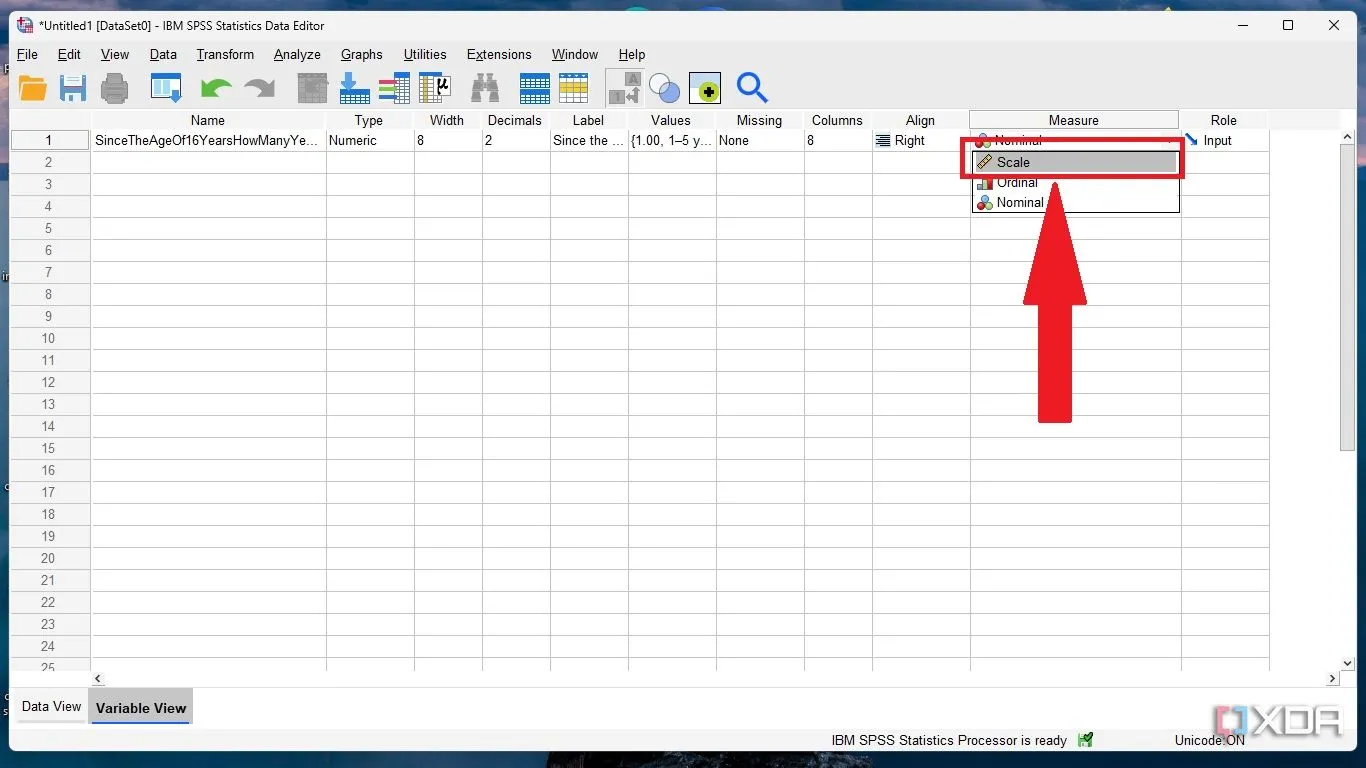 Chọn thang đo Scale (Tỷ lệ/Khoảng) cho biến trong SPSS khi các tùy chọn có thể được xếp hạng và có khoảng cách đều.