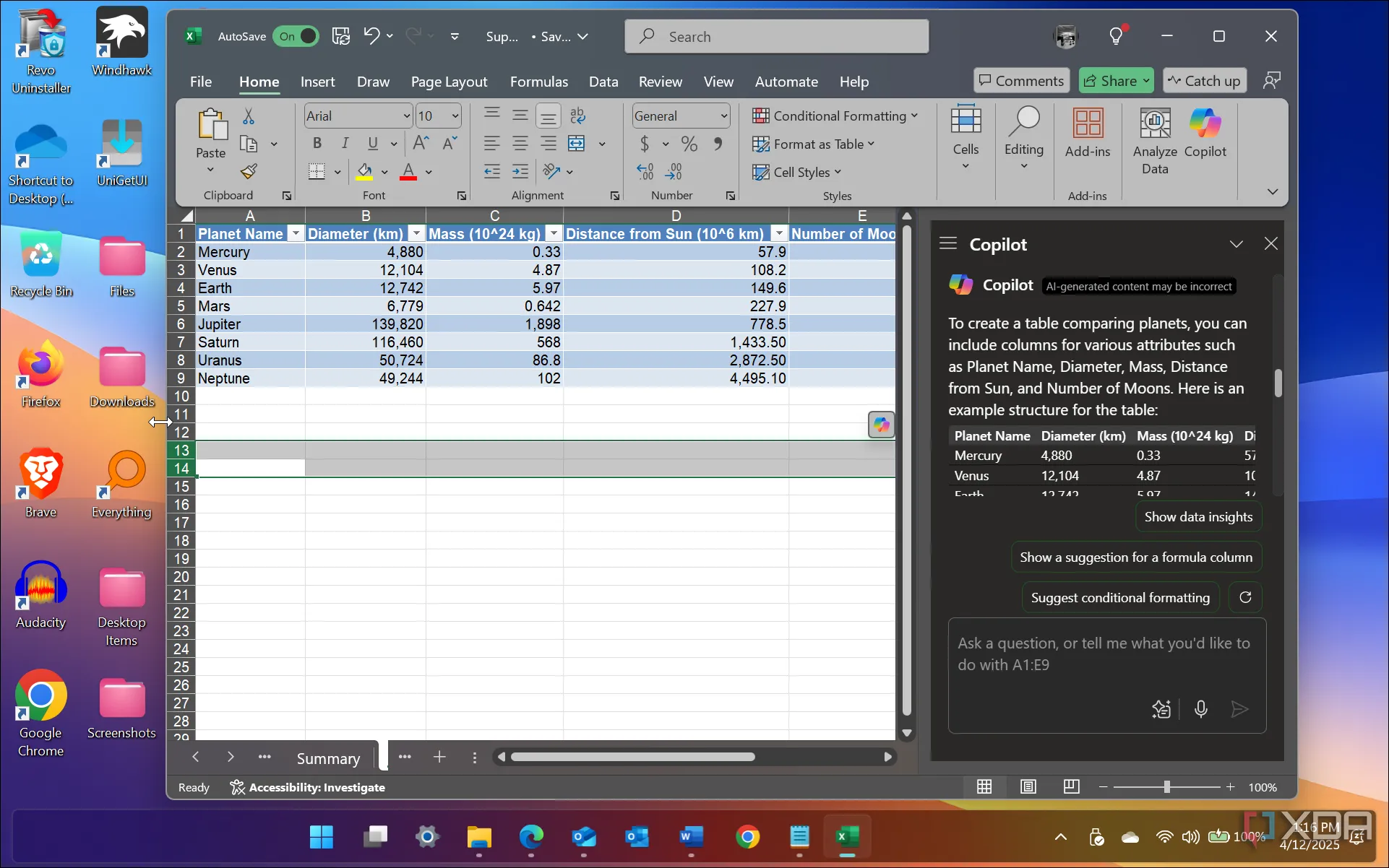 Copilot tạo bảng dữ liệu tự động trong Microsoft Excel, thể hiện khả năng phân tích và tổng hợp thông tin.
