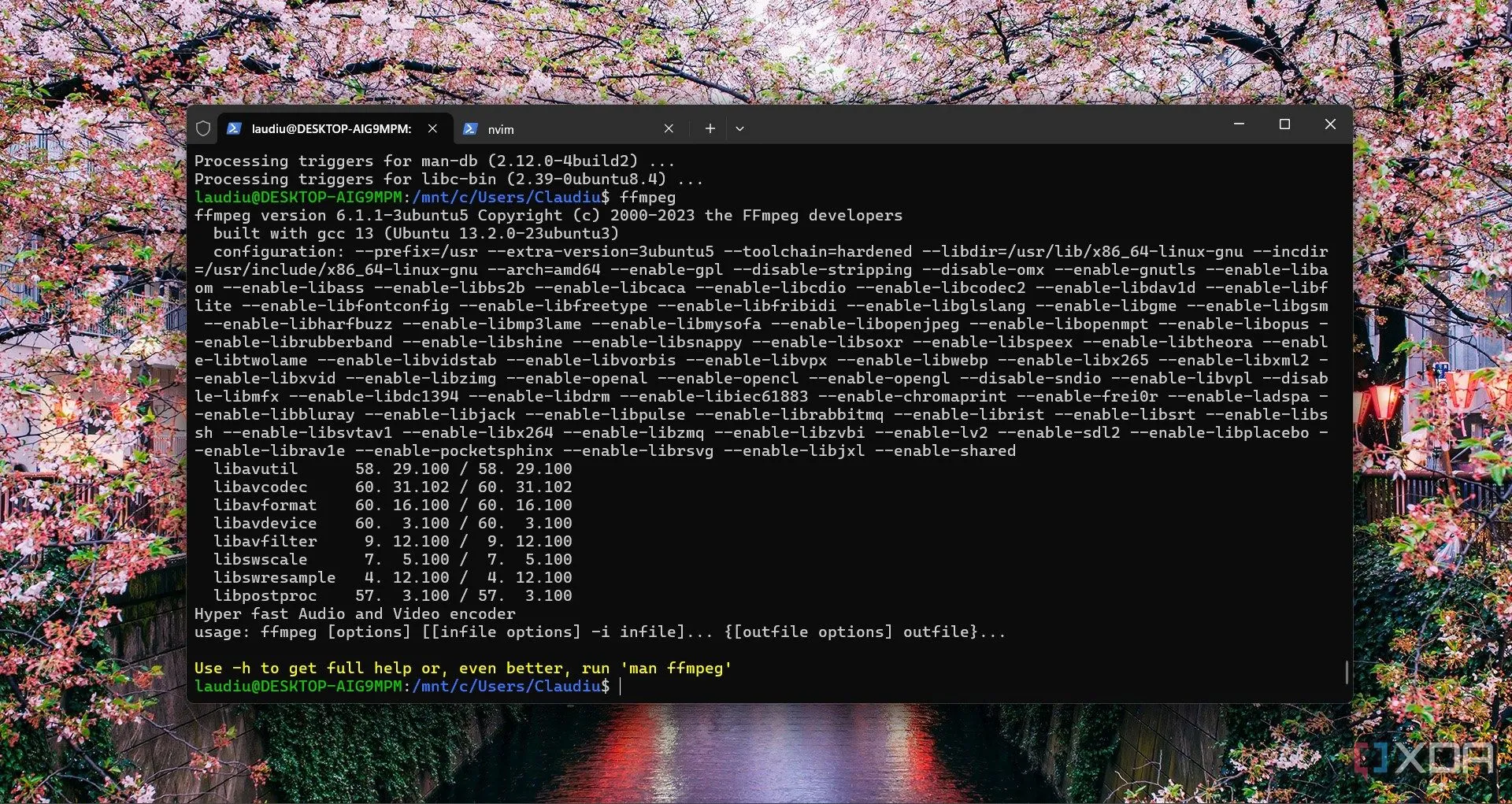 Cửa sổ terminal hiển thị lệnh ffmpeg đang thực thi trong WSL trên Windows 11, cho thấy quá trình mã hóa video hiệu quả.
