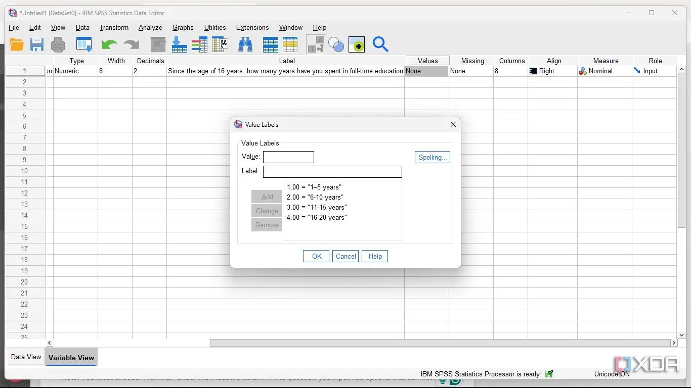 Cửa sổ Value Labels trong SPSS để nhập các cặp giá trị số và nhãn tương ứng cho biến.