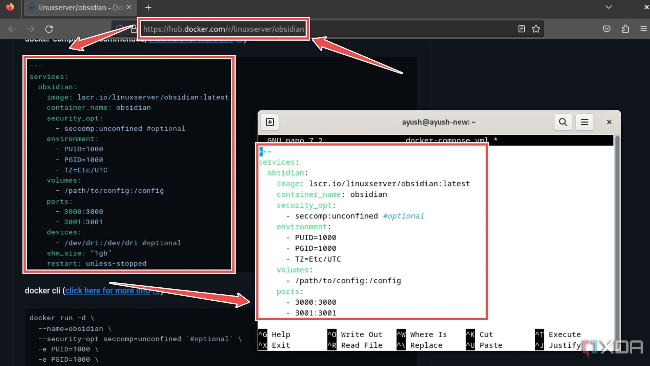Dán cấu hình Docker Compose vào file .yml để chạy Obsidian