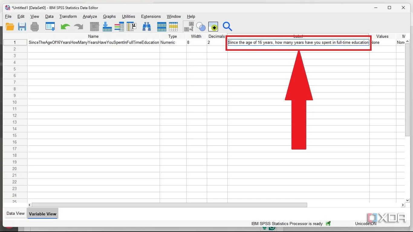 Dán toàn bộ nội dung câu hỏi vào cột Label để mô tả rõ ràng biến trong SPSS.