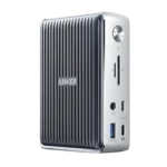 Docking station Anker 577 Thunderbolt màu xám bạc với thiết kế nhỏ gọn, đặt trên bề mặt phẳng, làm nổi bật sự tiện lợi và cao cấp của sản phẩm.