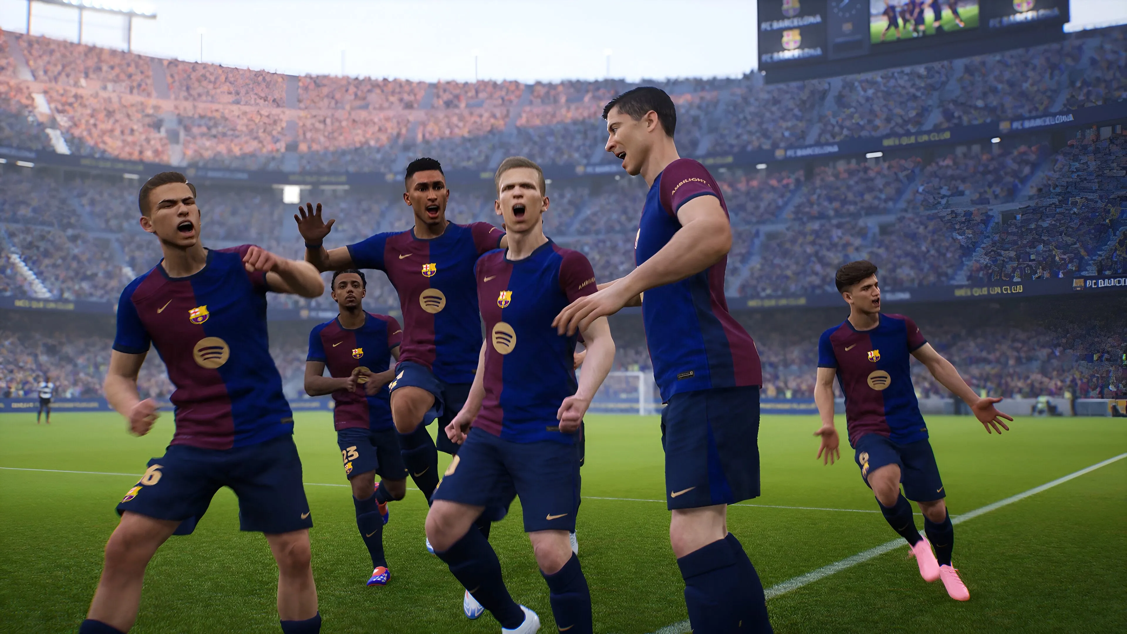Đội bóng Barcelona trong tựa game eFootball của Konami, thể hiện cảnh ăn mừng bàn thắng.