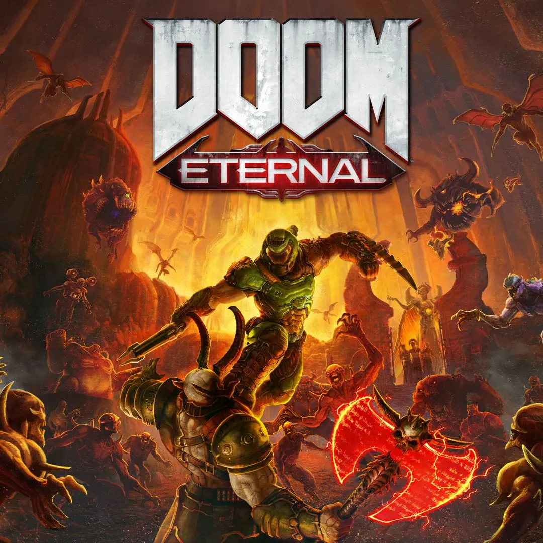 Doom Slayer với vũ khí biểu tượng trong Doom Eternal, sẵn sàng chiến đấu trên độ khó Ultra Nightmare, biểu tượng của sự thuần thục và kỹ năng vượt trội.