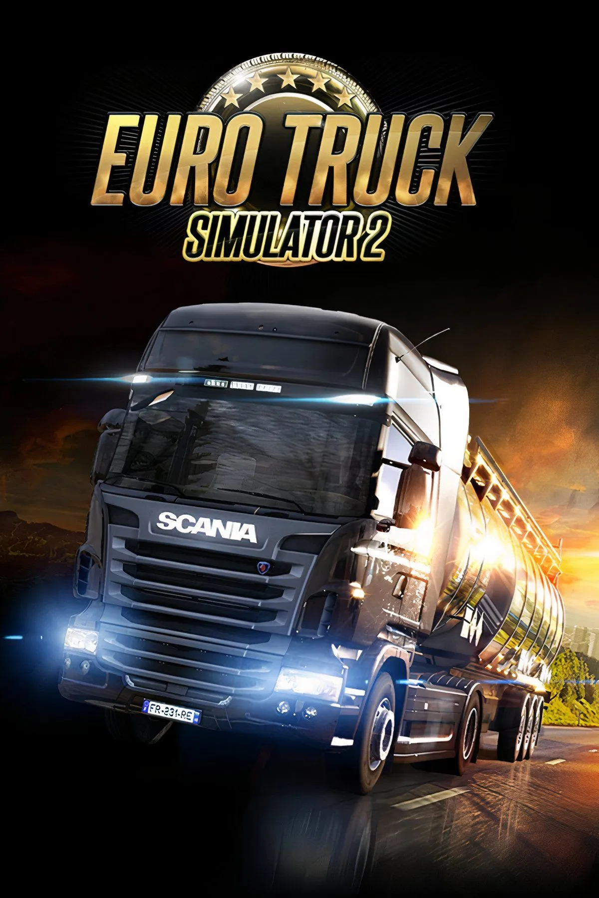 Euro Truck Simulator 2: Cabin xe tải nhìn ra đường cao tốc với phong cảnh châu Âu.