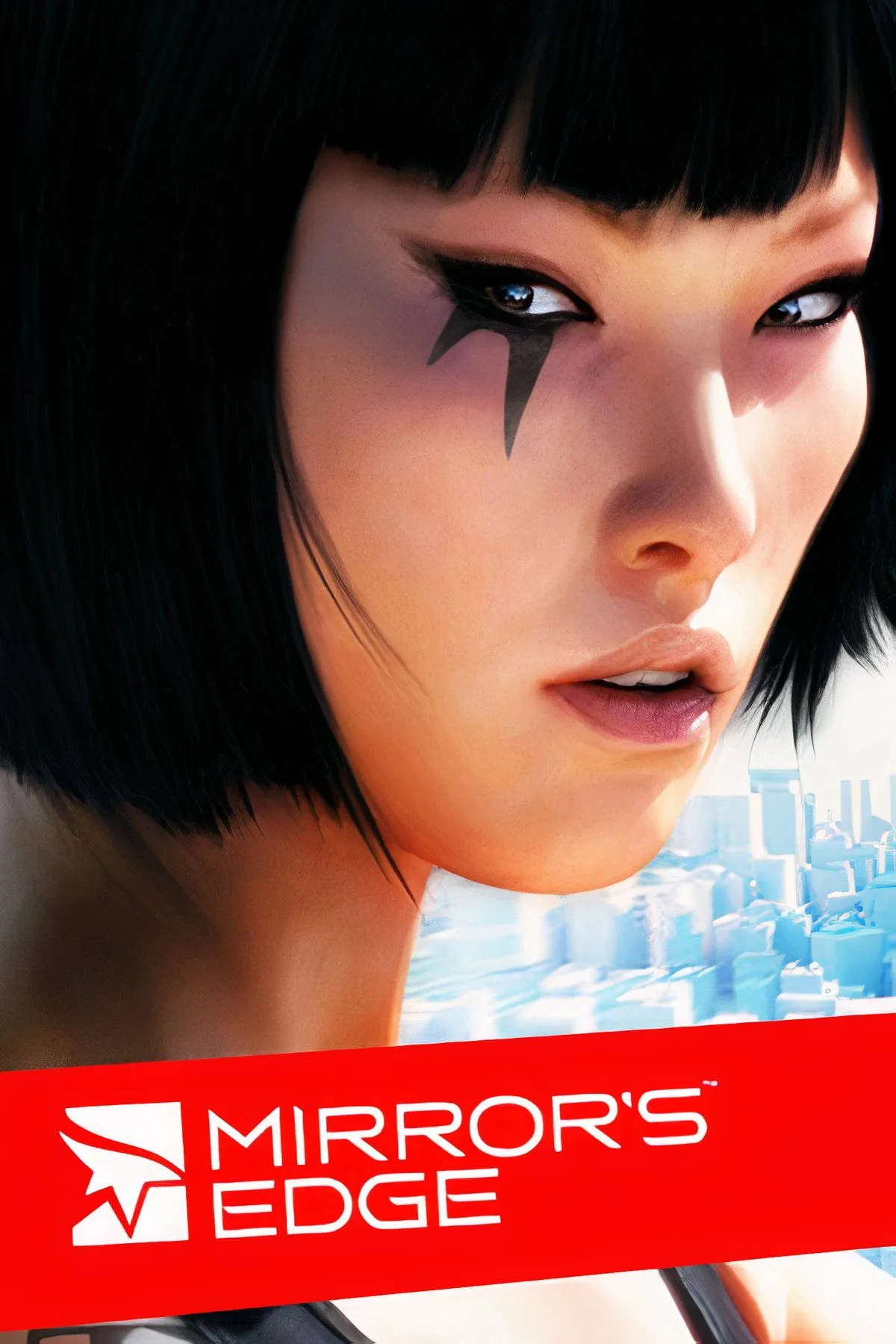 Faith đang di chuyển mượt mà qua các tòa nhà cao tầng với phong cách đồ họa tối giản của Mirror's Edge