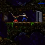 Game Blackthorne trên Sega 32X với nhân vật Kyle đang chiến đấu trong môi trường tối tăm, thể hiện đồ họa hành động platformer của tựa game.