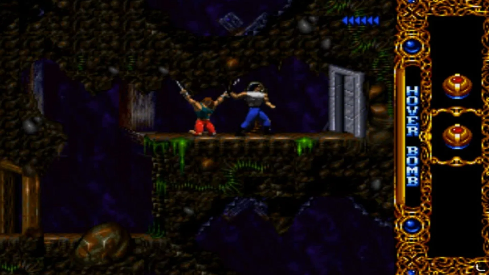 Game Blackthorne trên Sega 32X với nhân vật Kyle đang chiến đấu trong môi trường tối tăm, thể hiện đồ họa hành động platformer của tựa game.