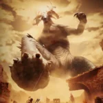 Game Skydance's Behemoth với nhân vật đang chiến đấu với quái vật khổng lồ trên địa hình hiểm trở