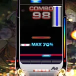 Gameplay của DJMAX Fever trên PSP với giao diện đầy màu sắc và các nốt nhạc di chuyển