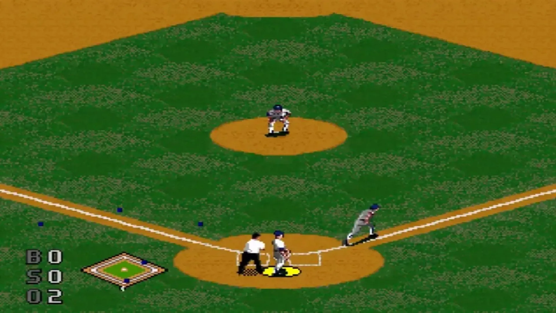 Gameplay của game World Series Baseball Starring Deion Sanders trên Sega 32X, hiển thị sân bóng chày với các cầu thủ và giao diện điều khiển, minh họa đồ họa cải tiến của phiên bản này.