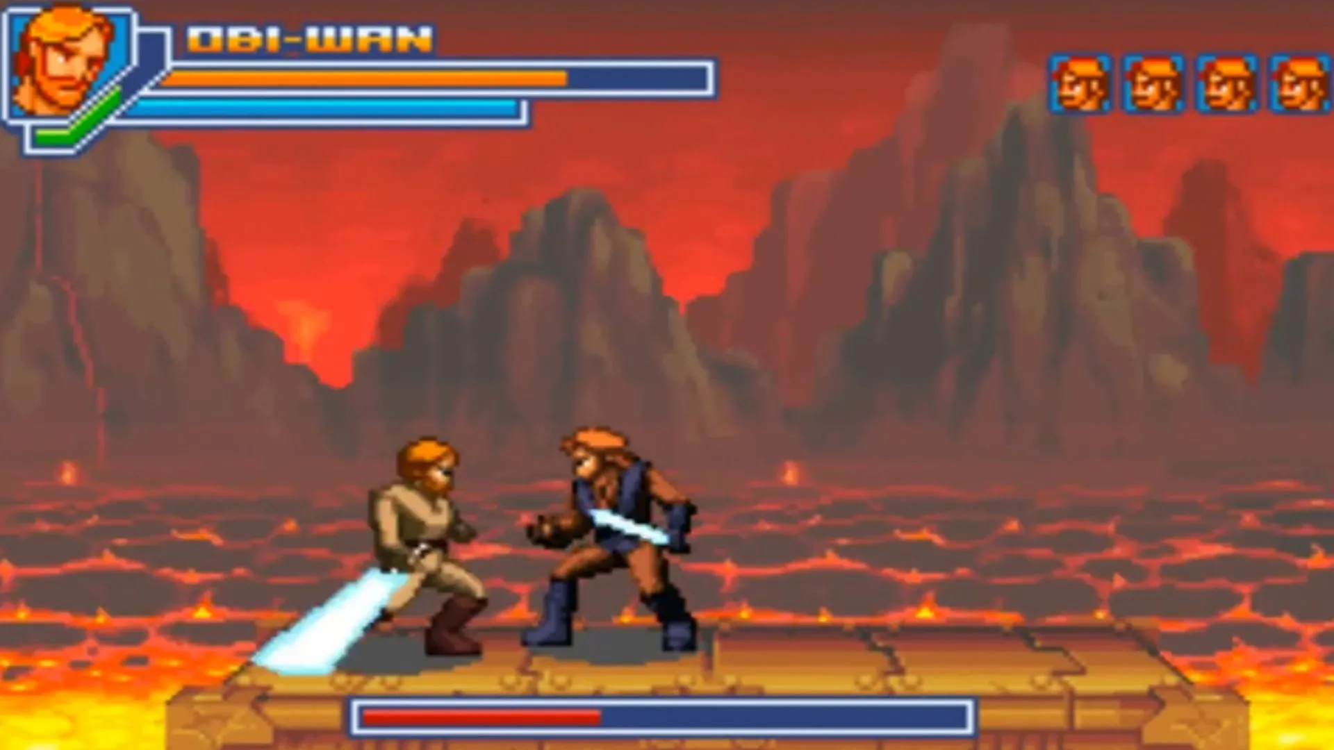 Gameplay Star Wars Episode 3: Revenge of the Sith trên GBA với Anakin Skywalker và Obi-Wan Kenobi trong trận chiến 2D