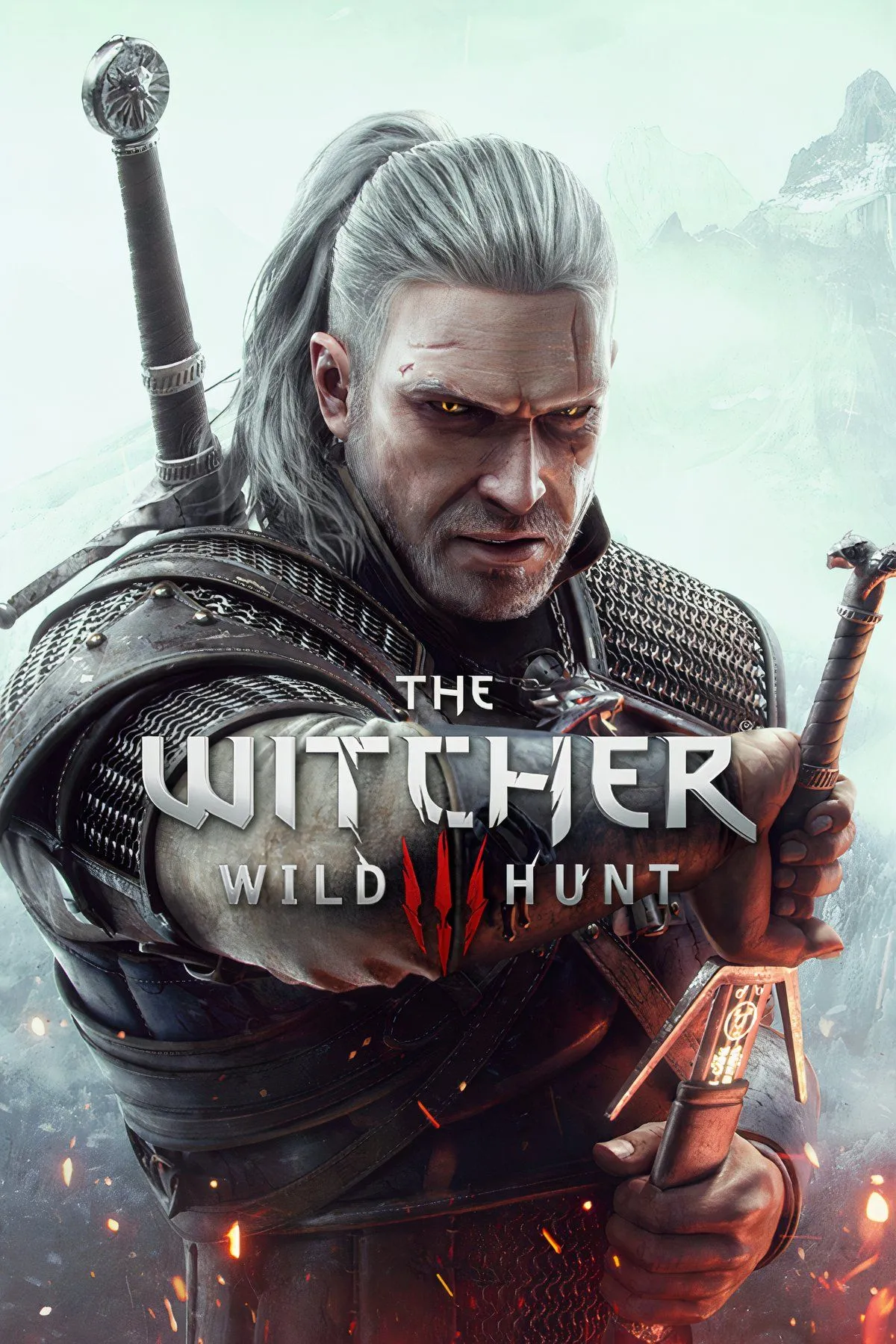 Geralt of Rivia chiến đấu với quái vật trong The Witcher 3 Wild Hunt với bối cảnh thiên nhiên hùng vĩ.