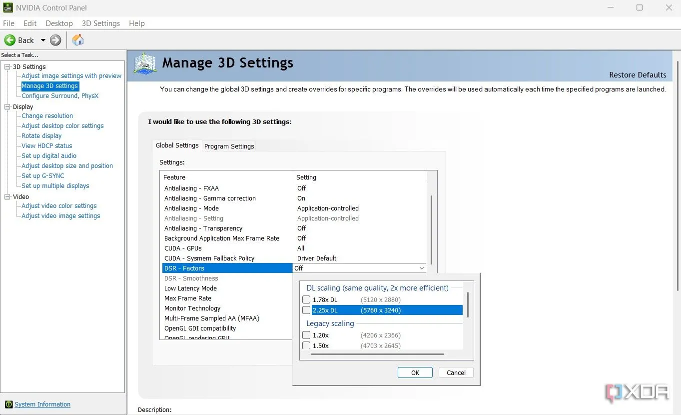 Giao diện cài đặt DSR của Nvidia trong Nvidia Control Panel