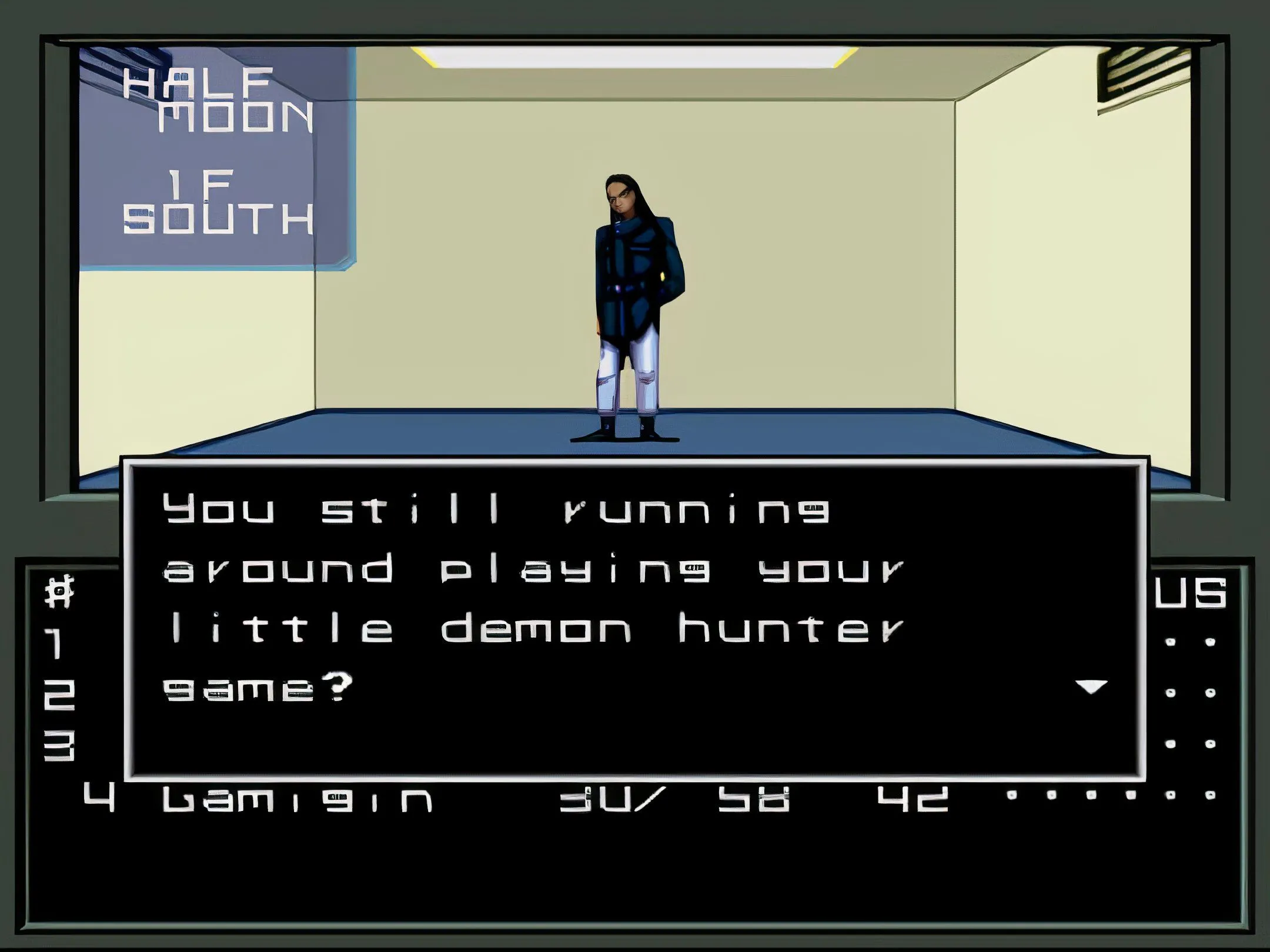 Giao diện chiến đấu trong Shin Megami Tensei, hiển thị quái vật và các tùy chọn hành động cho người chơi