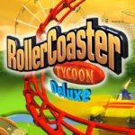 Giao diện chính của game RollerCoaster Tycoon với tàu lượn siêu tốc và công viên giải trí đầy màu sắc
