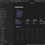 Giao diện dashboard Obsidian tùy chỉnh với plugin Dataview hiển thị các dự án và tiến độ.