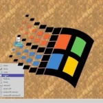 Giao diện desktop Windows 95 với logo Windows 95 lớn, biểu tượng của hệ điều hành huyền thoại.