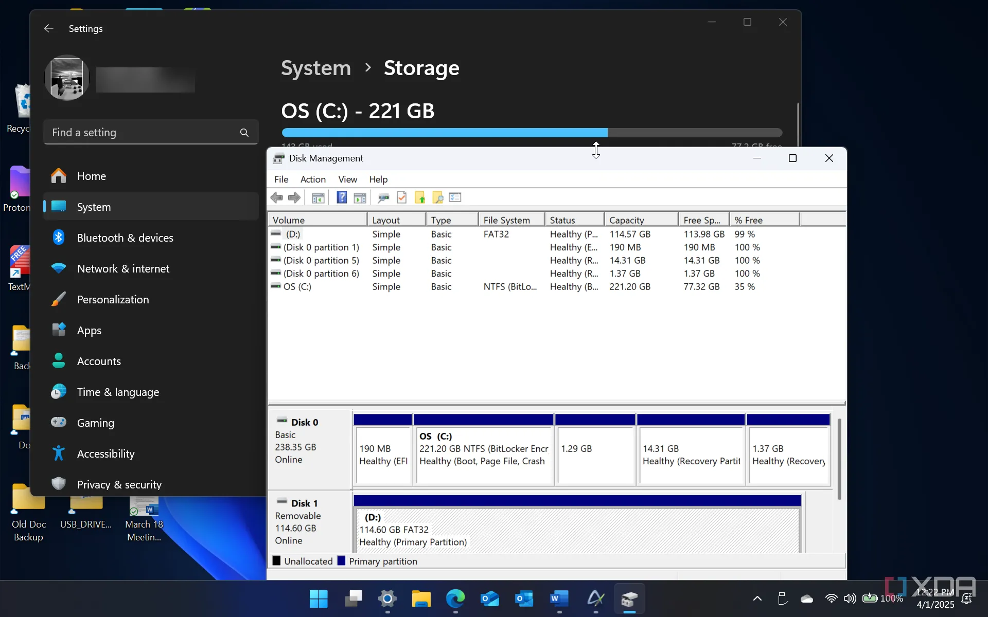 Giao diện Disk Management (Quản lý Đĩa) trên Windows 11