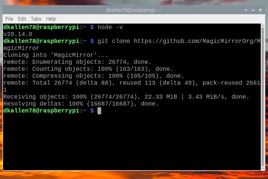 Giao diện dòng lệnh (CLI) sau khi clone một repo Git, minh họa quá trình cộng tác