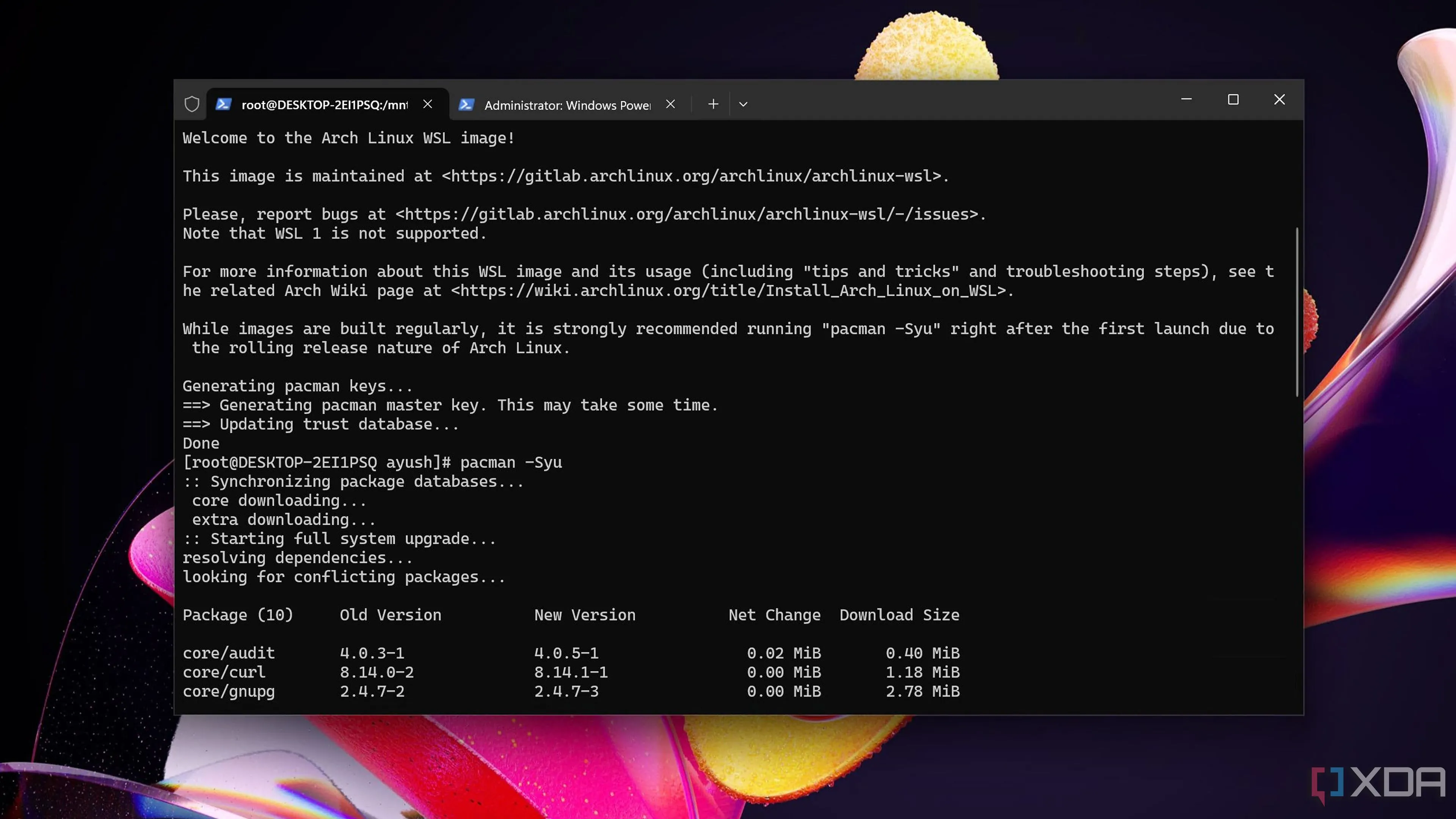 Giao diện dòng lệnh của Arch Linux đang hoạt động trong môi trường WSL