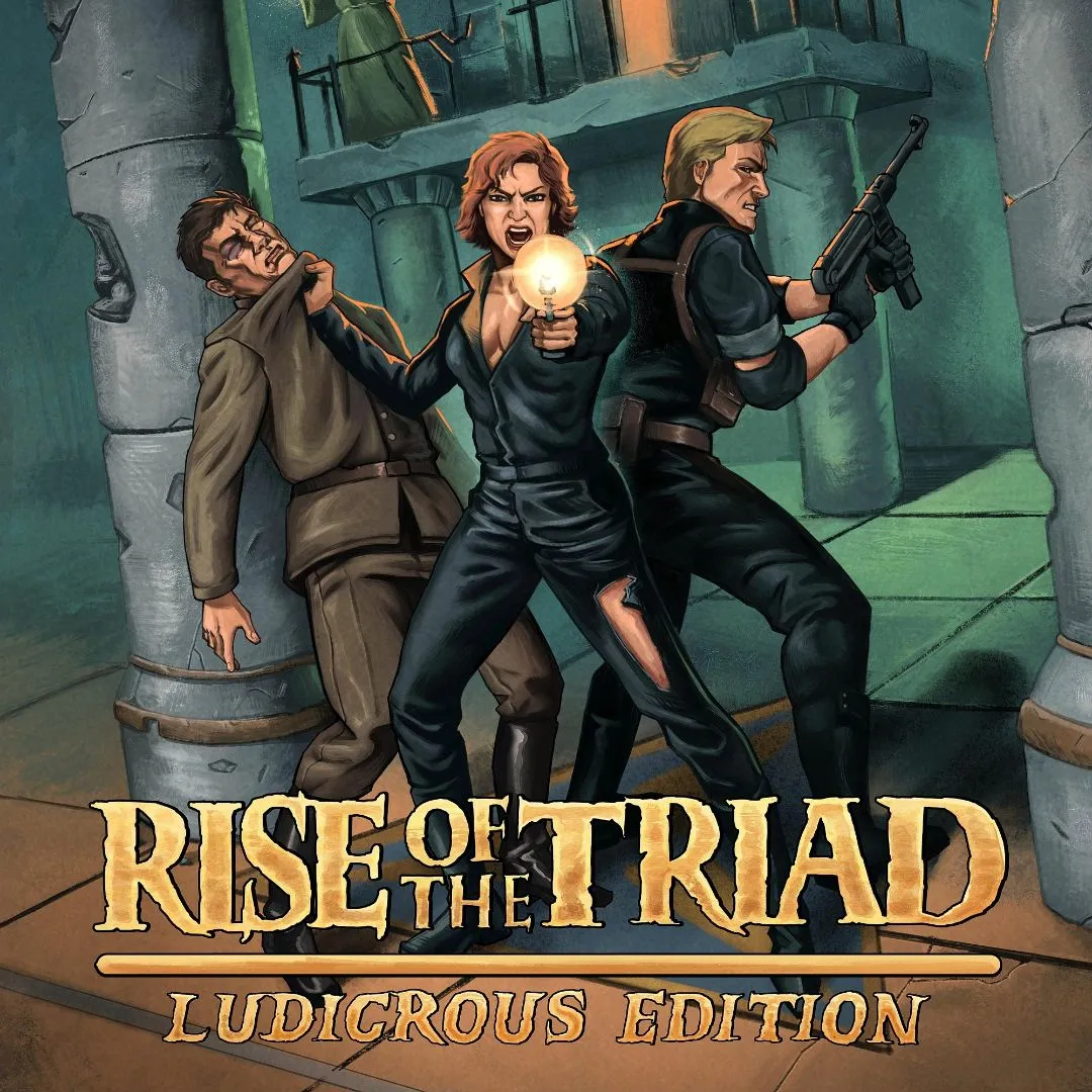 Giao diện game Rise of the Triad: Ludicrous Edition với nhân vật chiến đấu, hiển thị điểm số và hiệu ứng cháy nổ đặc trưng.