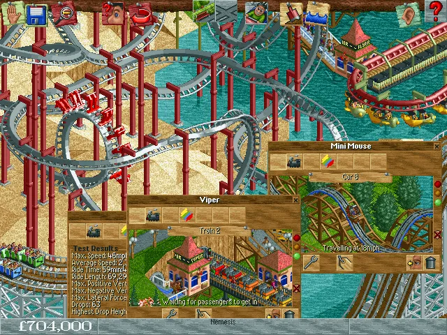 Giao diện game RollerCoaster Tycoon ở giai đoạn phát triển sớm với sự xuất hiện của các khách tham quan pixel
